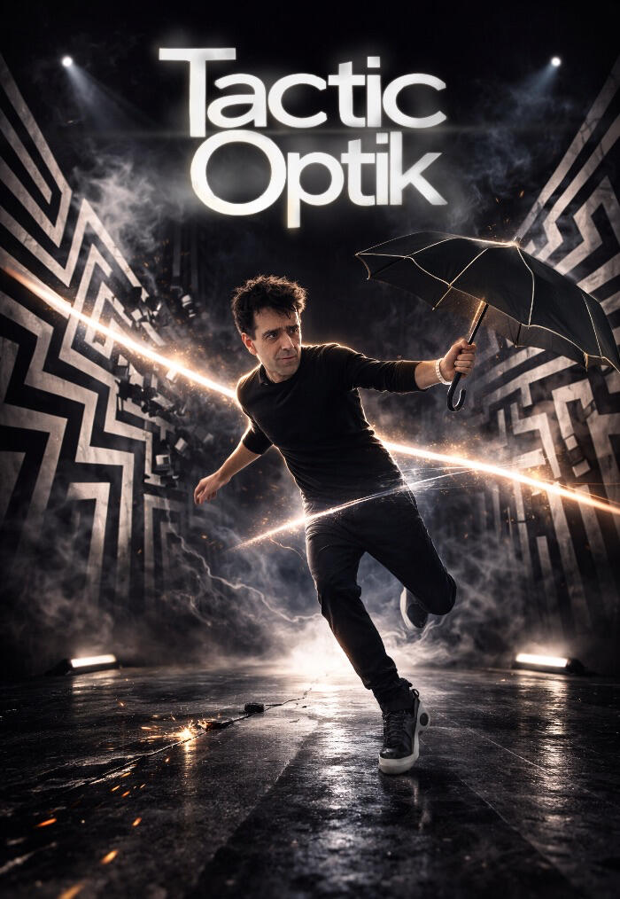 TacticOptik Affiche du spectacle de Monsieur Fred, entouré de tous ces accessoires d'illusion d'optique pour son spectacle TacticOptik